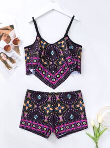 Swim Lushoire Tankini con estampado total y dobladillo de pañuelo, playa de verano - Multicolor - Ver 5