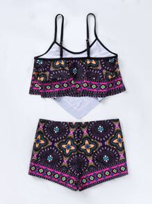 Swim Lushoire Tankini con estampado total y dobladillo de pañuelo, playa de verano - Multicolor - Ver 6