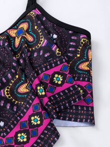 Swim Lushoire Tankini con estampado total y dobladillo de pañuelo, playa de verano - Multicolor - Ver 7