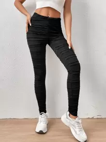 SHEIN Essnce Solid Ruched Leggings - Black - View 1
