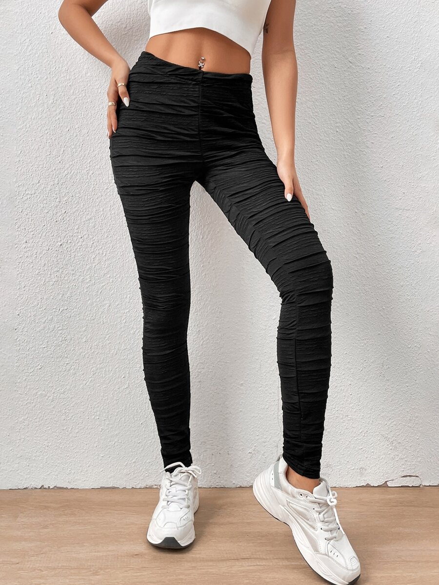 SHEIN Essnce Solid Ruched Leggings - Black - View 1