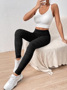 SHEIN Essnce Solid Ruched Leggings - Black - View 6