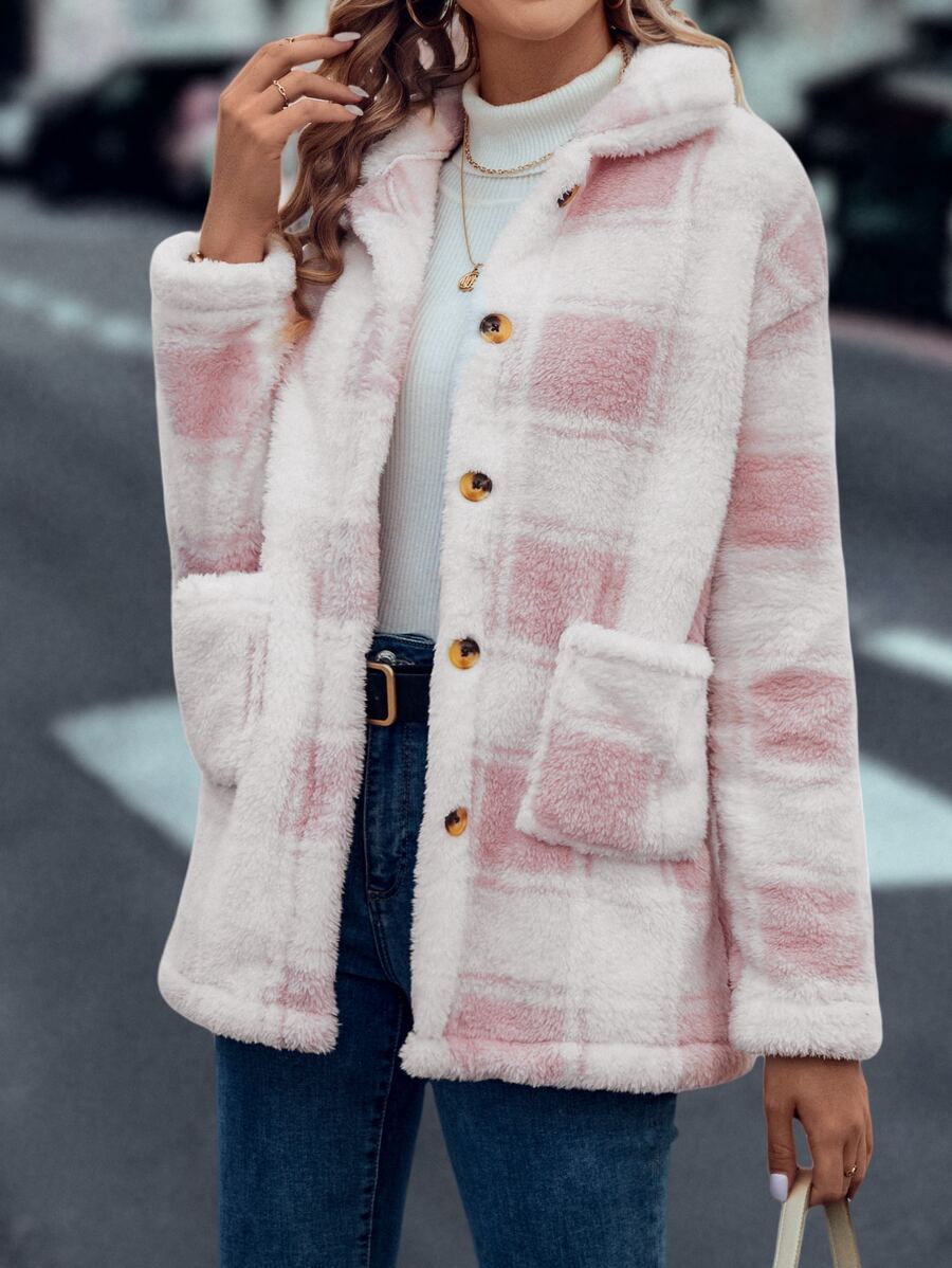 SHEIN LUNE Plaid Pattern Dual Pocket Drop Shoulder Flannel Coat - Pink - View 1