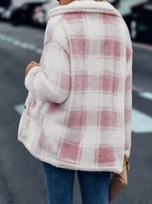 SHEIN LUNE Plaid Pattern Dual Pocket Drop Shoulder Flannel Coat - Pink - View 2