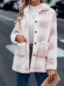 SHEIN LUNE Plaid Pattern Dual Pocket Drop Shoulder Flannel Coat - Pink - View 3