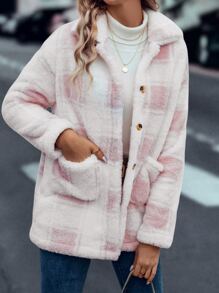 SHEIN LUNE Plaid Pattern Dual Pocket Drop Shoulder Flannel Coat - Pink - View 4
