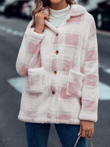 SHEIN LUNE Plaid Pattern Dual Pocket Drop Shoulder Flannel Coat - Pink - View 5