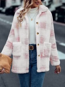 SHEIN LUNE Plaid Pattern Dual Pocket Drop Shoulder Flannel Coat - Pink - View 6