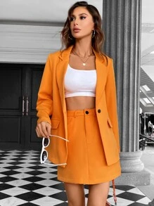 SHEIN Privé Lapel Neck Single Button Blazer & Skirt - Orange - View 4