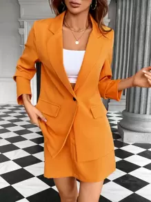 SHEIN Privé Lapel Neck Single Button Blazer & Skirt - Orange - View 6