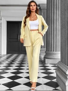 SHEIN Privé Lapel Neck Flap Detail Blazer & Trousers - Yellow - View 1