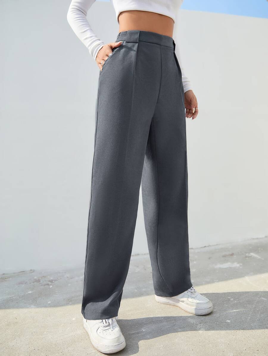 SHEIN Unity Pantalones de traje unicolor con bolsillo oblicuo - Gris - Ver 1