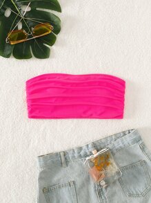 Ruched Bandeau Bikini Top - Hot Pink - View 3