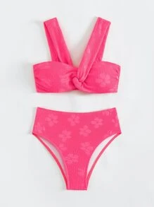 Swim Mod 夏季沙灘花式提花扭結比基尼套裝 - 玫紅色 - 查看 4
