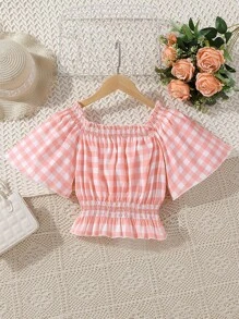 Chicas Blusa con estampado de guingán bajo con fruncido