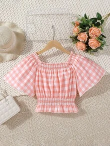 Chicas Blusa con estampado de guingán bajo con fruncido