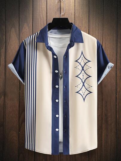 Hombres Camisa con estampado de rayas de color combinado sin camiseta