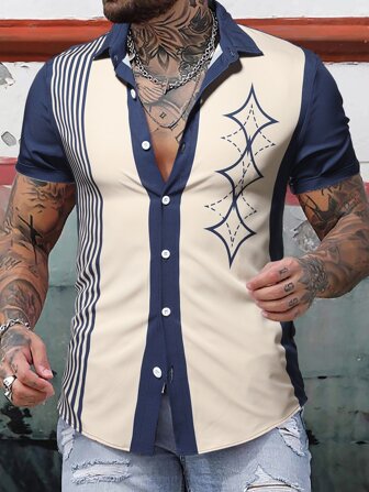 Hombres Camisa con estampado de rayas de color combinado sin camiseta