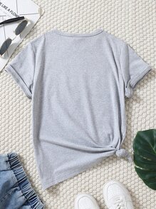 SHEIN Girls' Simple & Fashionable Casual USA Printed College Vacation Round Neck T-Shirt - Grey - View 2