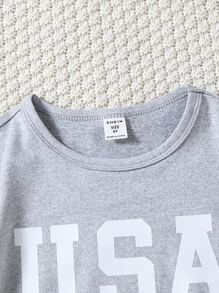 SHEIN Girls' Simple & Fashionable Casual USA Printed College Vacation Round Neck T-Shirt - Grey - View 3