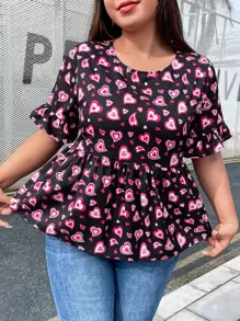 SHEIN Privé Blusa peplum con estampado de corazón de manga con volante - Multicolor - Ver 1