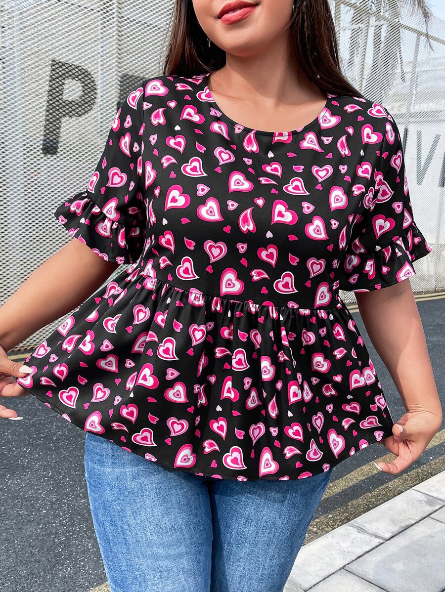 SHEIN Privé Blusa peplum con estampado de corazón de manga con volante - Multicolor - Ver 1