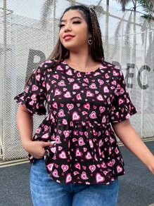 SHEIN Privé Blusa peplum con estampado de corazón de manga con volante - Multicolor - Ver 5