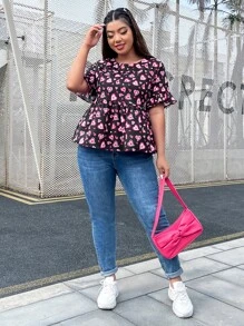 SHEIN Privé Blusa peplum con estampado de corazón de manga con volante - Multicolor - Ver 6