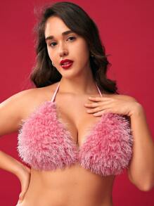 SHEIN Swim Curve Plus Fuzzy Halter Bikini Top - Baby Pink - View 1