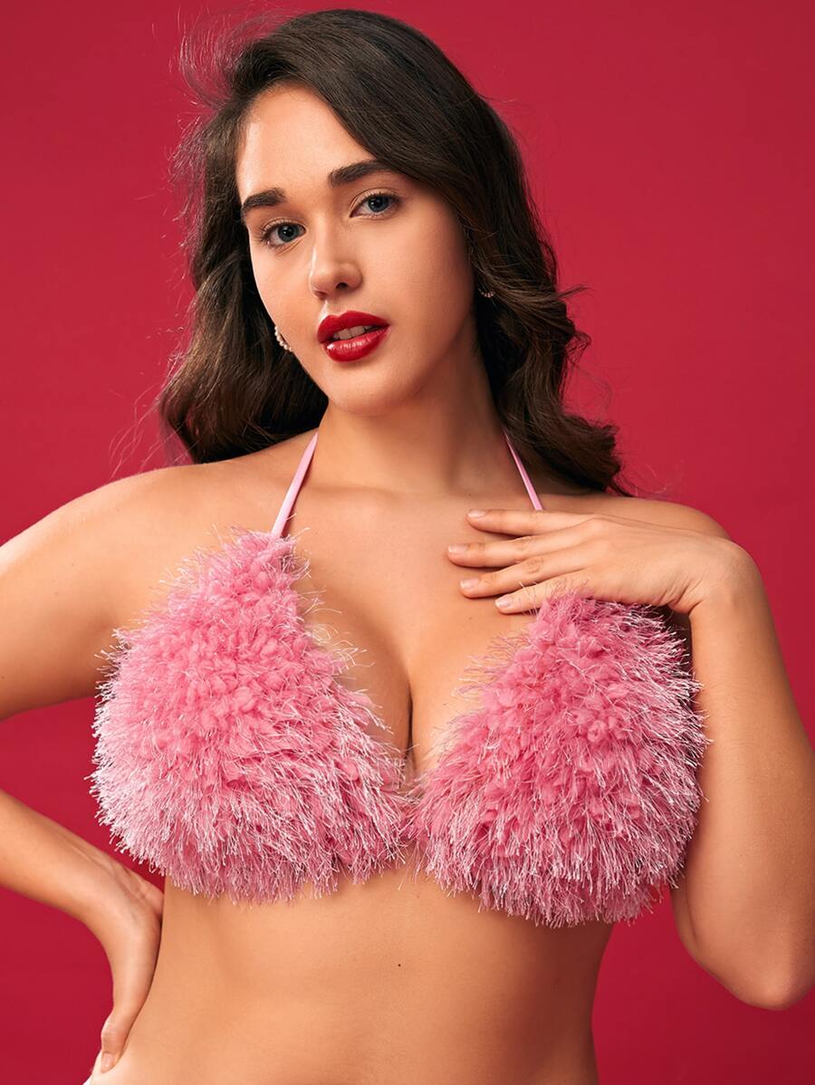 SHEIN Swim Curve Plus Fuzzy Halter Bikini Top - Baby Pink - View 1