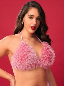 SHEIN Swim Curve Plus Fuzzy Halter Bikini Top - Baby Pink - View 3