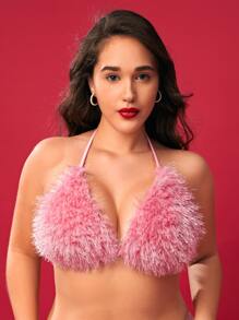 SHEIN Swim Curve Plus Fuzzy Halter Bikini Top - Baby Pink - View 5