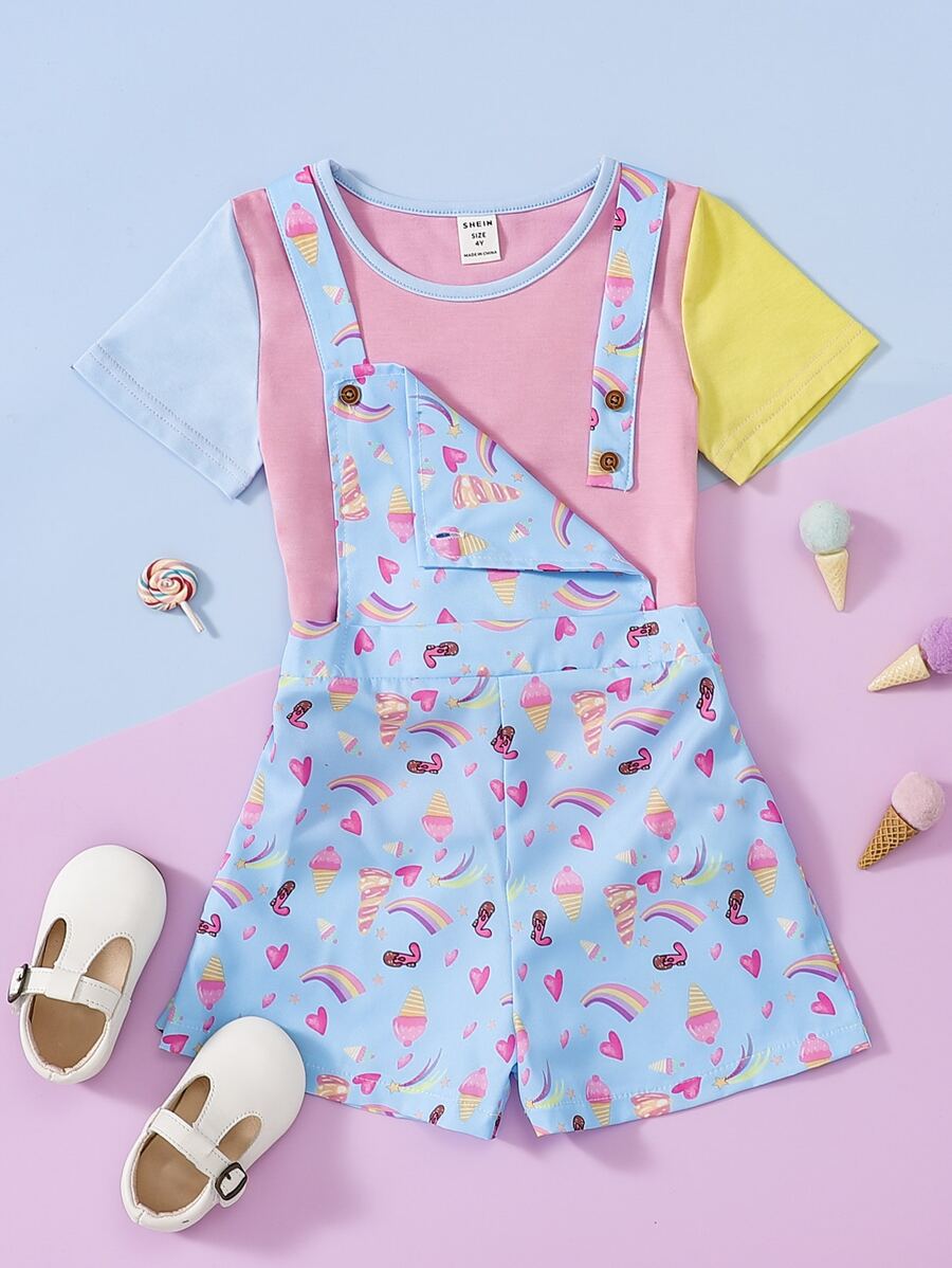 年輕女孩彩虹印花t恤和連體衣 - 藍色 - 查看 1