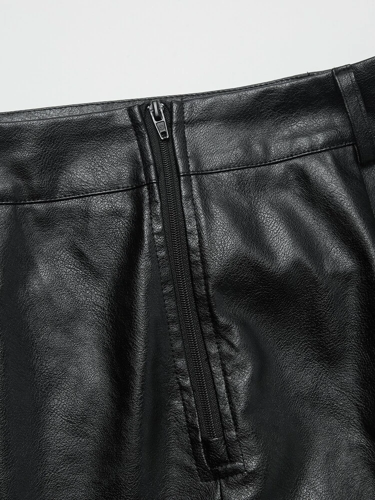 Belted Flap Pocket PU Leather High Waist Wrap Skirt