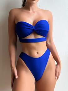 Bộ bikini đi biển mùa hè cut-out trơn với váy đi biển - Màu xanh lam - Xem 3