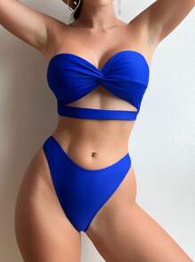 Bộ bikini đi biển mùa hè cut-out trơn với váy đi biển - Màu xanh lam - Xem 5