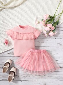 小女童荷葉邊T恤和網紗半身裙 - 淺粉色 - 查看 1