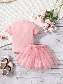 小女童荷葉邊T恤和網紗半身裙 - 淺粉色 - 查看 2