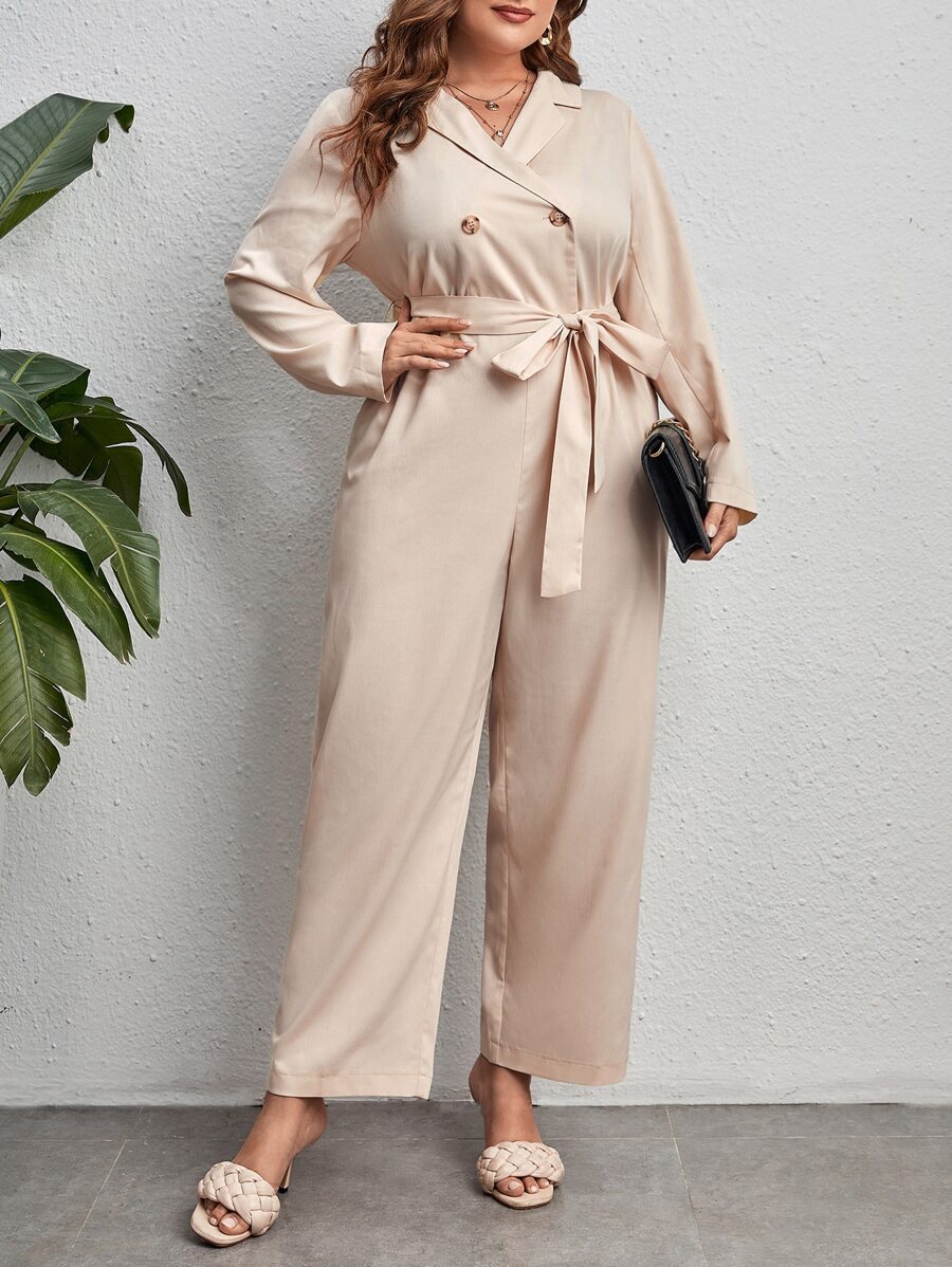 SHEIN Privé Plus Lapel Neck Belted Jumpsuit - Khaki - View 1