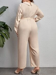 SHEIN Privé Plus Lapel Neck Belted Jumpsuit - Khaki - View 2