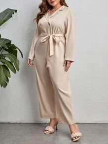 SHEIN Privé Plus Lapel Neck Belted Jumpsuit - Khaki - View 4