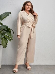 SHEIN Privé Plus Lapel Neck Belted Jumpsuit - Khaki - View 5