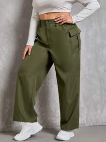 SHEIN EZwear 大碼高腰翻蓋口袋工裝褲