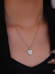Rhinestone Heart Pendant Necklace - Silver - View 2