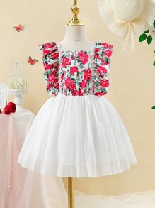 Toddler Girls Floral Print Ruffle Trim Mesh Hem Dress - Red and White - View 1