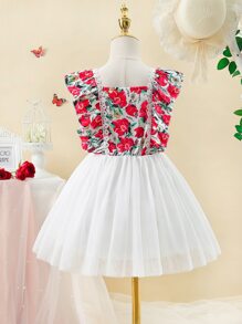 Toddler Girls Floral Print Ruffle Trim Mesh Hem Dress - Red and White - View 2