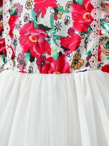 Toddler Girls Floral Print Ruffle Trim Mesh Hem Dress - Red and White - View 3