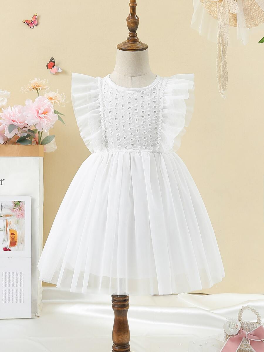 SHEIN 小女童荷葉邊網紗邊連衣裙