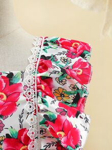 Toddler Girls Floral Print Ruffle Trim Mesh Hem Dress - Red and White - View 5