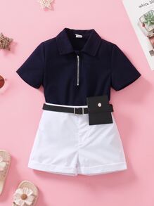 2件套女童纯色拉链Polo衫和短裤休闲套装+腰包